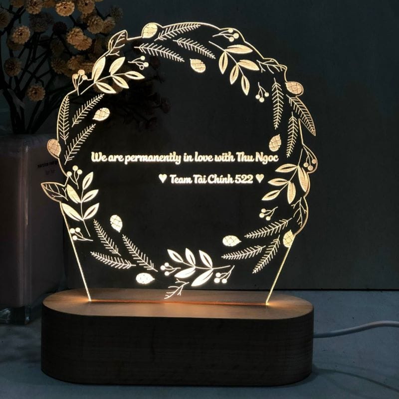 đèn led kỷ niệm chương đế gỗ teak sử dụng pin hoặc điện khắc laser logo và nội dung theo yêu cầu: mẫu nguyệt quế 2