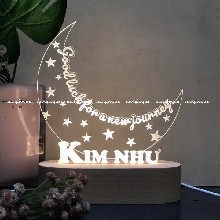 đèn led kỷ niệm chương đế gỗ teak sử dụng pin hoặc điện khắc laser logo và nội dung theo yêu cầu: mẫu mặt trăng