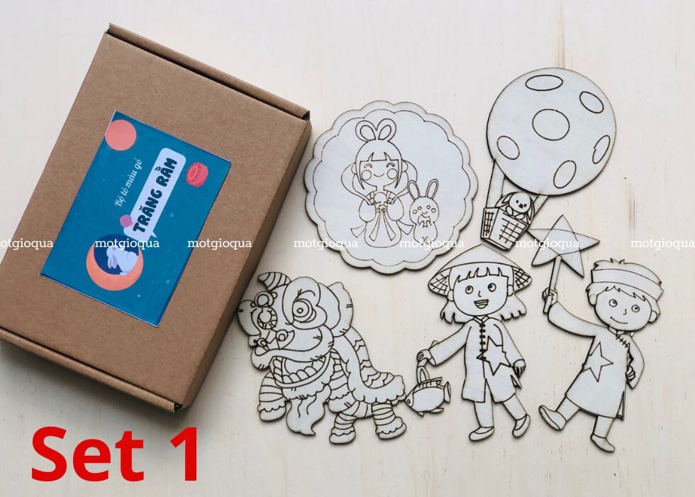 Set tô màu gỗ chủ đề trung thu chưa tô màu