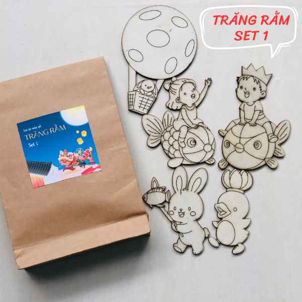 Set tô màu gỗ chủ đề trung thu chưa tô màu, làm quà tặng các em nhỏ