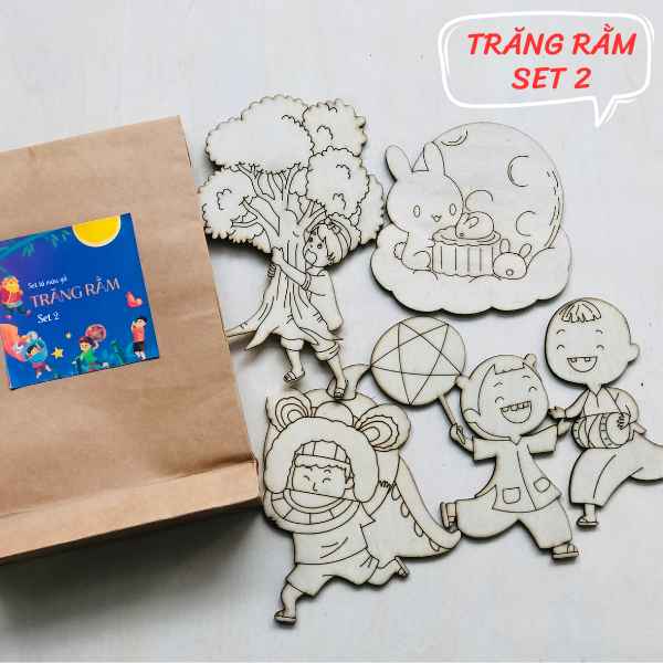 Set tô màu gỗ chủ đề trung thu chưa tô màu, làm quà tặng các em nhỏ