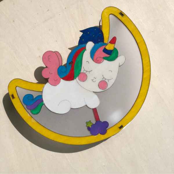 Lồng đèn gỗ mộc chưa tô màu làm quà tặng các bé dịp Trung Thu, chủ đề Unicorn, 20cm dễ thương