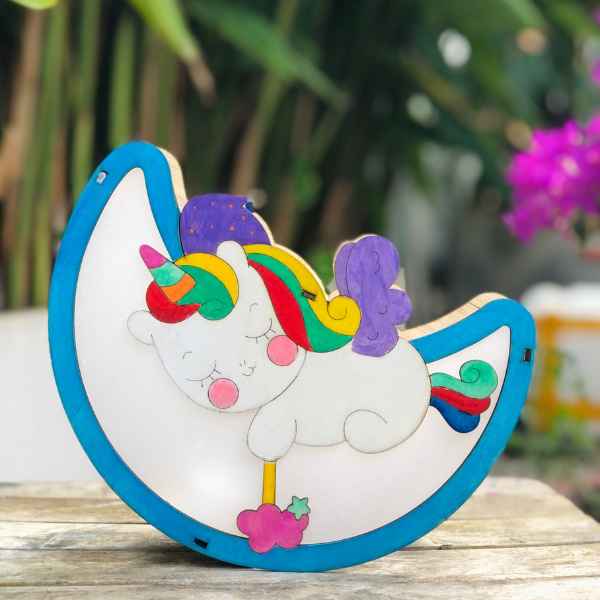 Lồng đèn gỗ mộc chưa tô màu làm quà tặng các bé dịp Trung Thu, chủ đề Unicorn, 20cm dễ thương